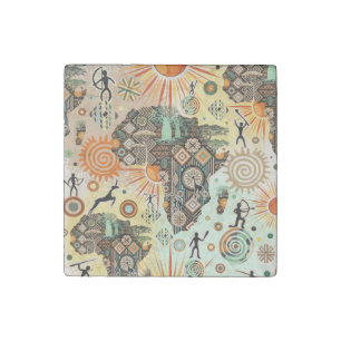Africa Map Decorative Tribal Elements Pattern Stone Magnet