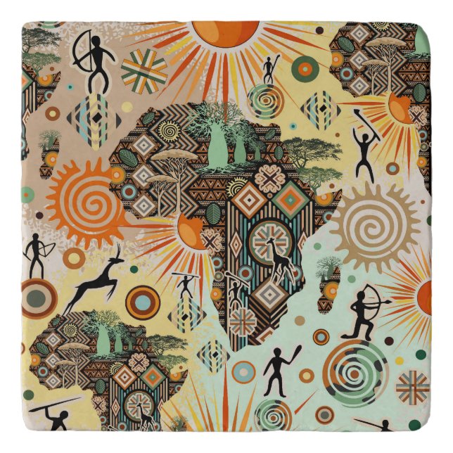 Africa Map Decorative Tribal Elements Pattern Trivet (Front)