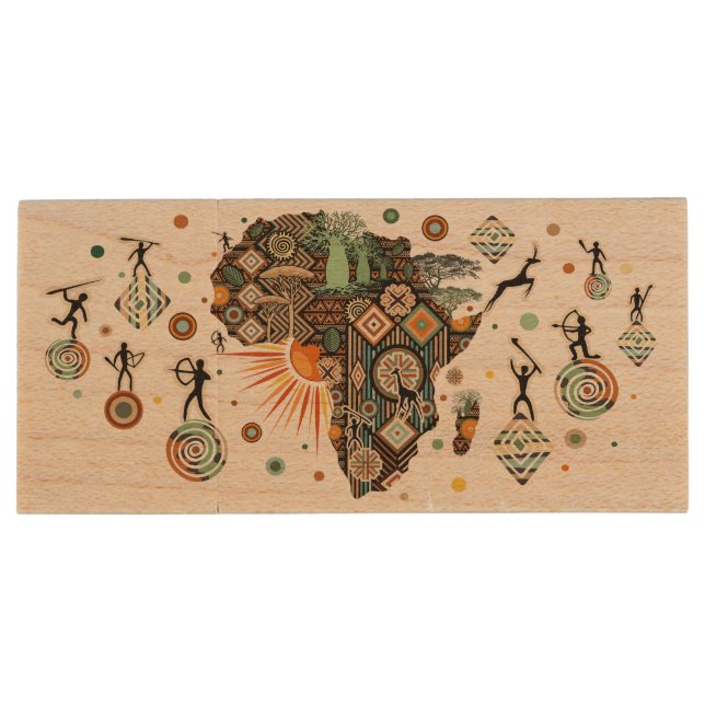 Africa Map Decorative Tribal Elements Pattern Wood Flash Drive (Back)