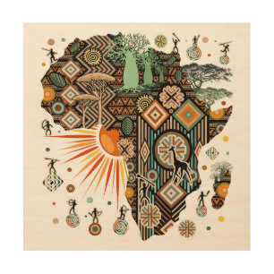 Africa Map Decorative Tribal Elements Pattern Wood Wall Art