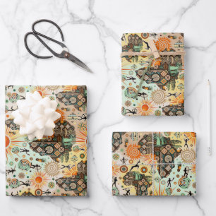 Africa Map Decorative Tribal Elements Pattern Wrapping Paper Sheets
