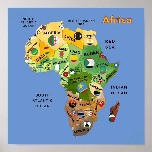 Africa Map with Flags Artwork Poster (Front)