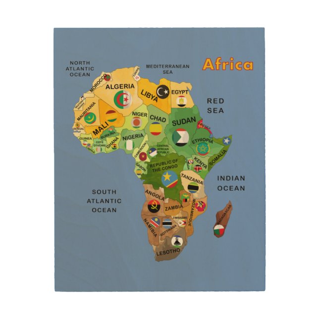 Africa Map with Flags Artwork Wood Wall Art (Front)