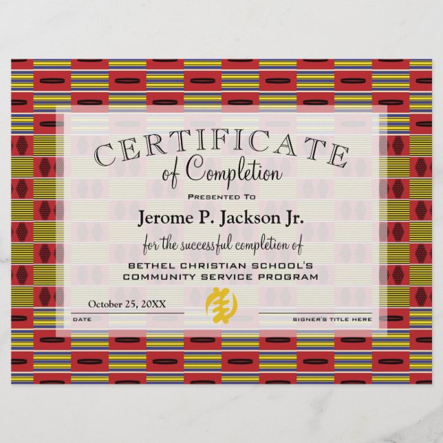 Africa Red Yellow Kente Certificate of Completion (Front)
