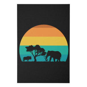 Africa Sunset With Elephant And Gnu Retro Faux Canvas Print