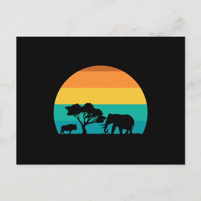 Africa Sunset With Elephant And Gnu Retro Postcard (Front)
