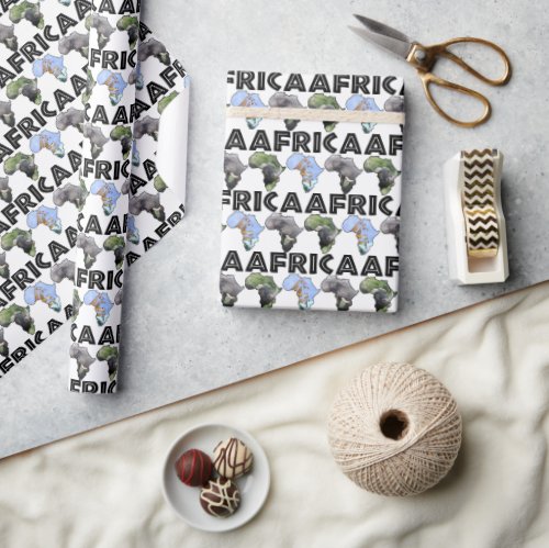 Africa Wildlife Map Black Text Trio Wrapping Paper