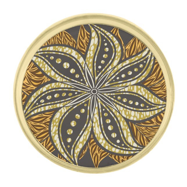 African Abstract Floral Batik Style Gold Finish Lapel Pin (Front)