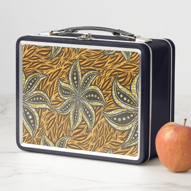African Abstract Floral Batik Style Metal Lunch Box (In Situ)