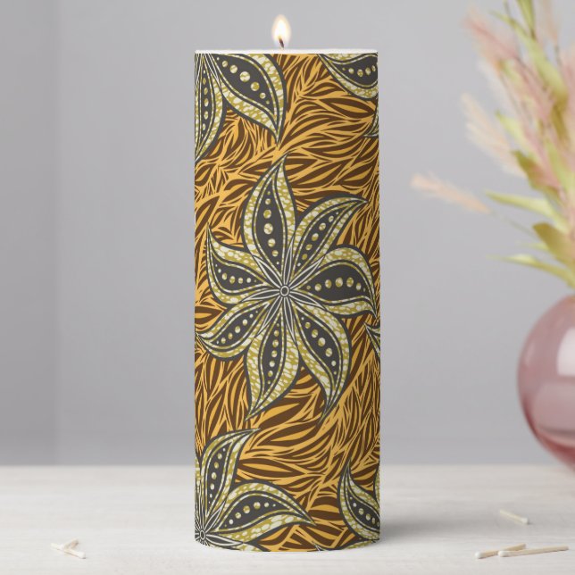 African Abstract Floral Batik Style Pillar Candle (In Situ)