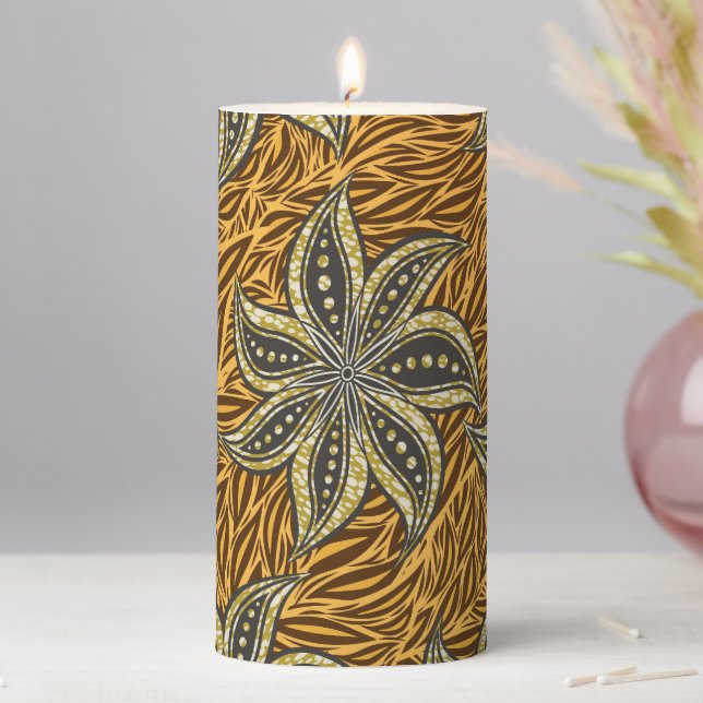 African Abstract Floral Batik Style Pillar Candle (In Situ)
