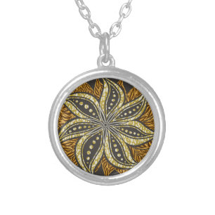 African Abstract Floral Batik Style Silver Plated Necklace