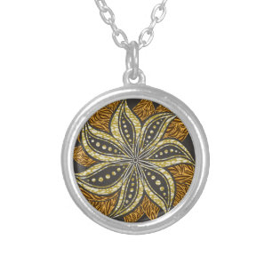 African Abstract Floral Batik Style Silver Plated Necklace