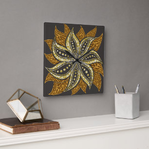 African Abstract Floral Batik Style Square Wall Clock