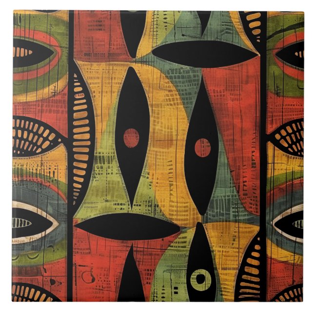 African Abstract Gold Green Ceramic Tile (Front)