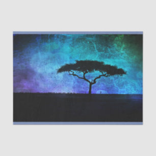 African Acacia Tree Landscape in Blue and Purple Tissue Paper