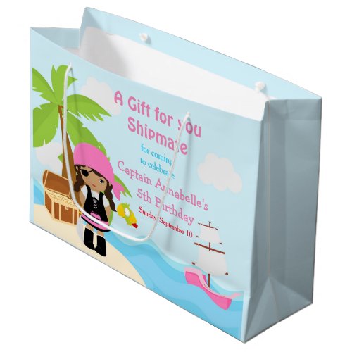 African America Pirate Girl in Pink Birthday Large Gift Bag