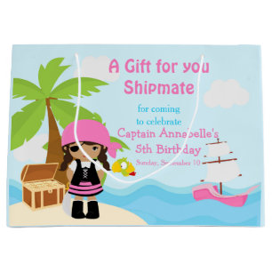 African America Pirate Girl in Pink Birthday Large Gift Bag