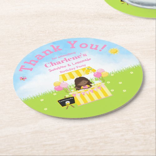 African American 2 Sunshine  Lemonade Birthday Round Paper Coaster