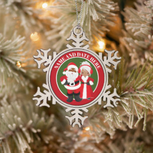 African American add name date Santa Mrs. Claus Snowflake Pewter Christmas Ornament