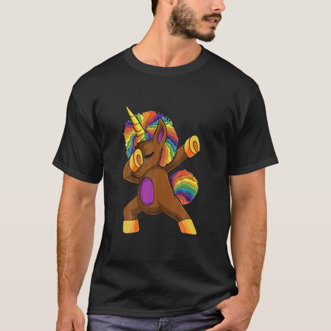 African American Afro Unicorn Rainbow Apparel Blac T-Shirt (Front)