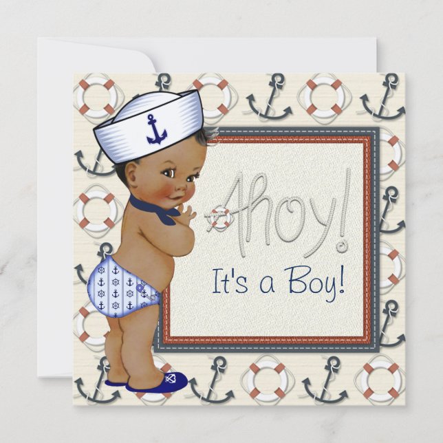 African American Anchor Boy Nautical Baby Shower Invitation (Front)