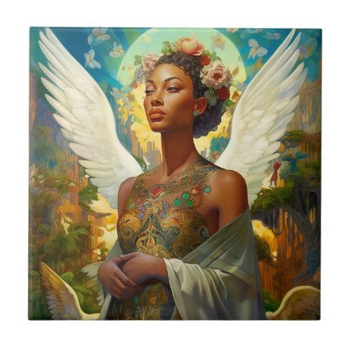 African American Angel Goddess Fantasy Art Ceramic Tile