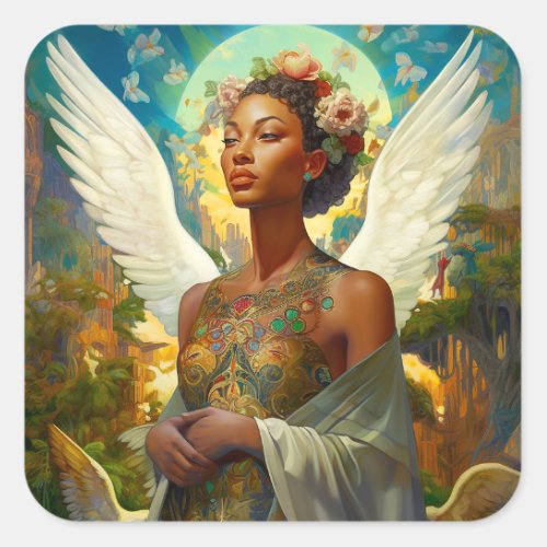 African American Angel Goddess Fantasy Art Square Sticker