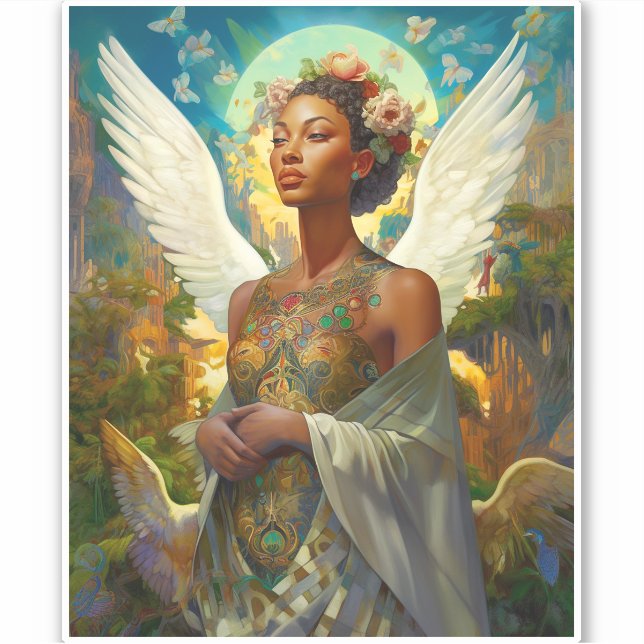 African American Angel Goddess Fantasy Art Sticker (Front)