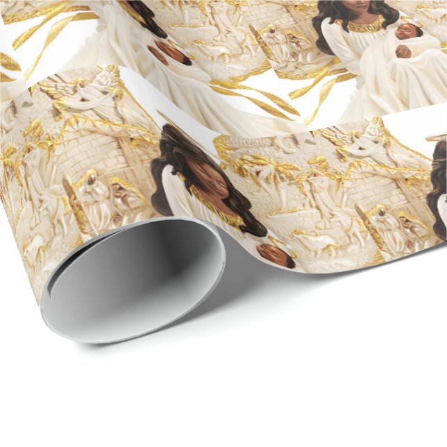 African American Angel & Holy Child Christmas Wrapping Paper (Roll Corner)
