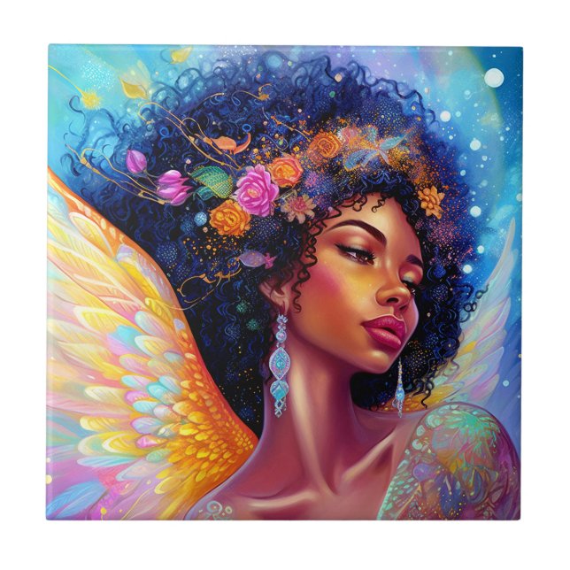 African American Angel Lady Fantasy Art Ceramic Tile (Front)