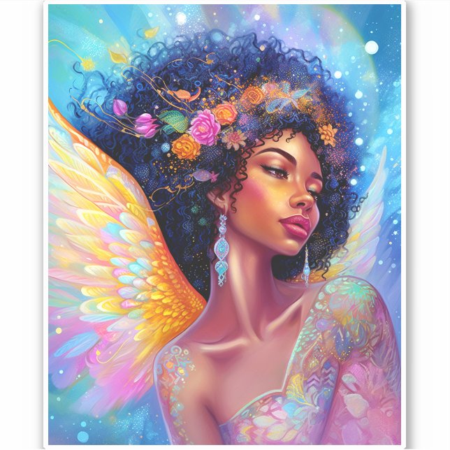 African American Angel Lady Fantasy Art Sticker (Front)