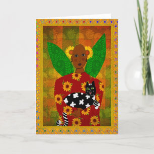 African American angel w/Cat and Sunflowers Letterpress Thank You Card