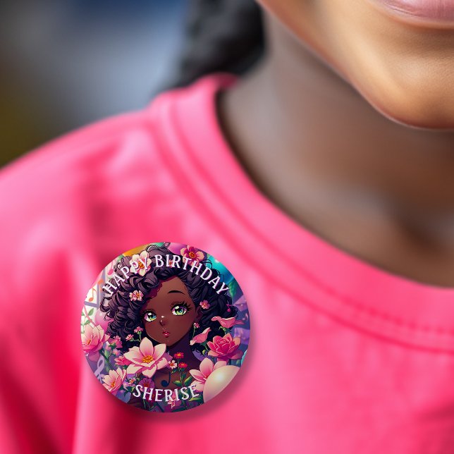 African-American Anime Birthday Girl Personalized  Button (Creator Uploaded)