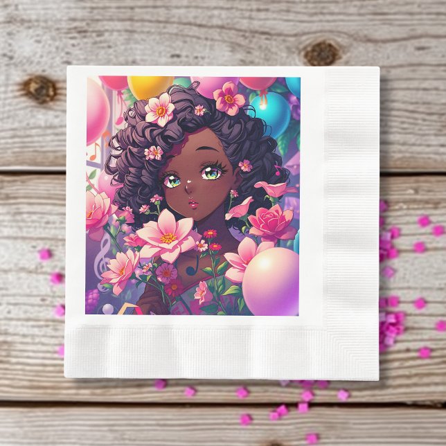 African-American Anime Girl Personalized Birthday Napkins (Creator Uploaded)
