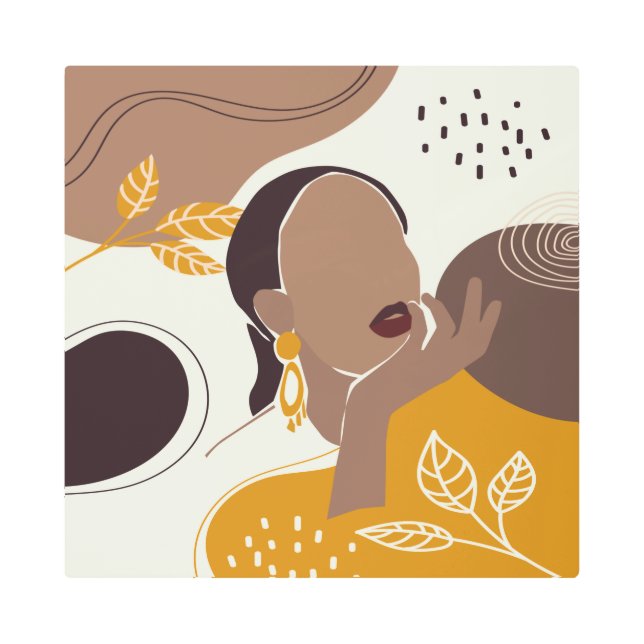 African American Art, Leaf Girl Print, Black Woman Metal Print (Front)