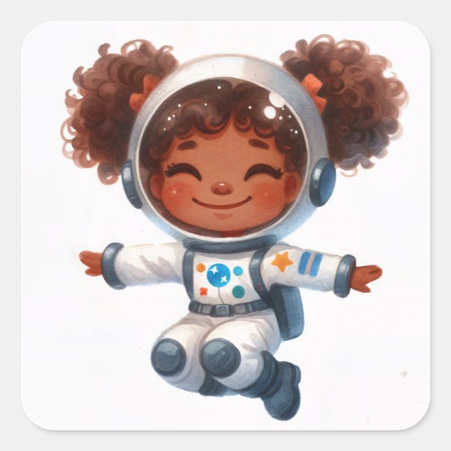 African American Astronaut Girl With Afro Puffs Square Sticker (Front)