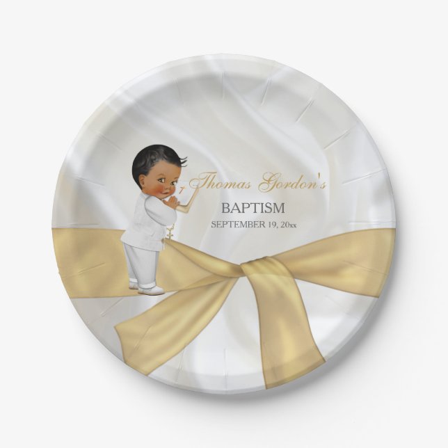 African American Baby Boy Baptism Christening Paper Plates (Front)