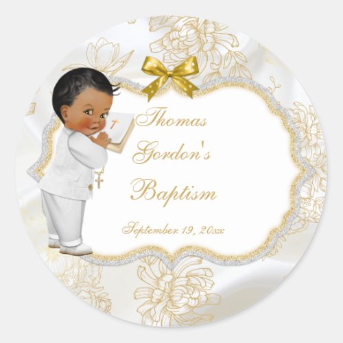 African American Baby Boy Baptism Gold Cross Classic Round Sticker