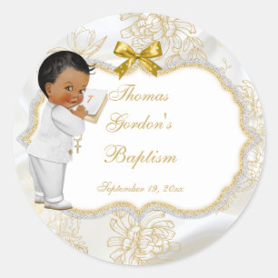 African American Baby Boy Baptism Gold Cross Classic Round Sticker