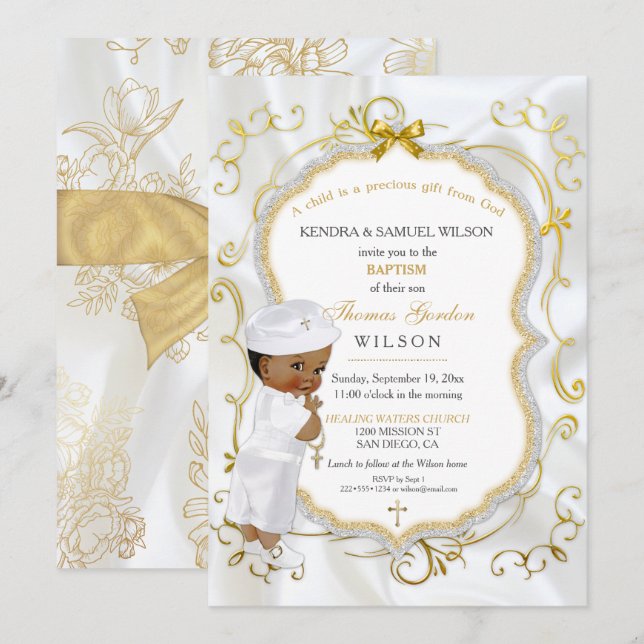 African American Baby Boy Baptism Gold Cross Invitation (Front/Back)