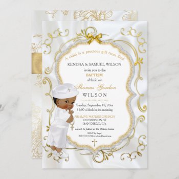 African American Baby Boy Baptism Gold Cross Invitation by HydrangeaBlue at Zazzle