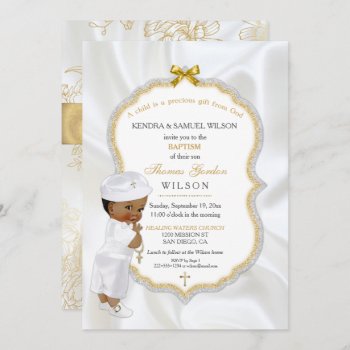 African American Baby Boy Baptism Gold Cross Invitation by HydrangeaBlue at Zazzle