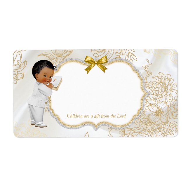 African American Baby Boy Baptism Gold White Label (Front)