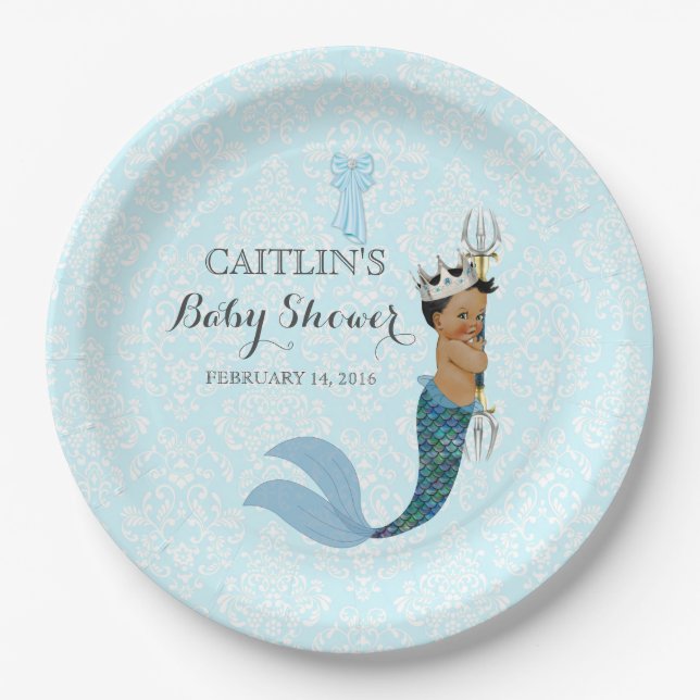 African American Baby Boy Merman Prince Crown Paper Plates (Front)