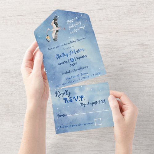 African American Baby Boy Stork in Night Sky All In One Invitation