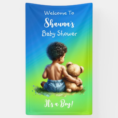 African_American Baby Boy with Teddy Baby Shower Banner