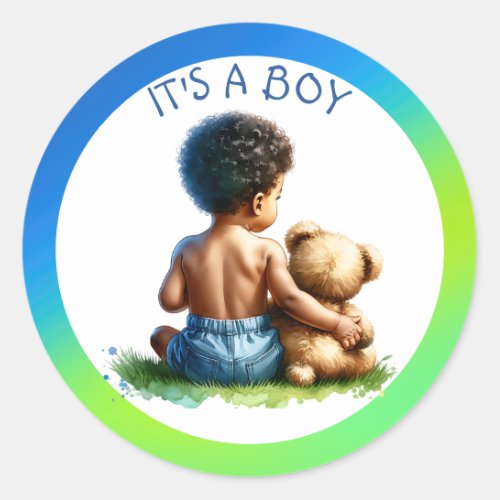 African_American Baby Boy with Teddy Baby Shower Classic Round Sticker