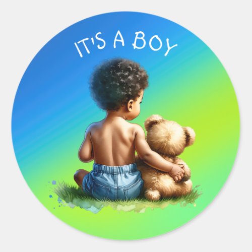 African_American Baby Boy with Teddy Baby Shower Classic Round Sticker