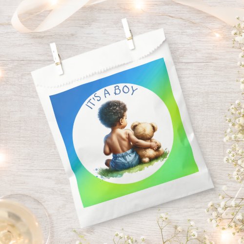 African_American Baby Boy with Teddy Baby Shower Favor Bag